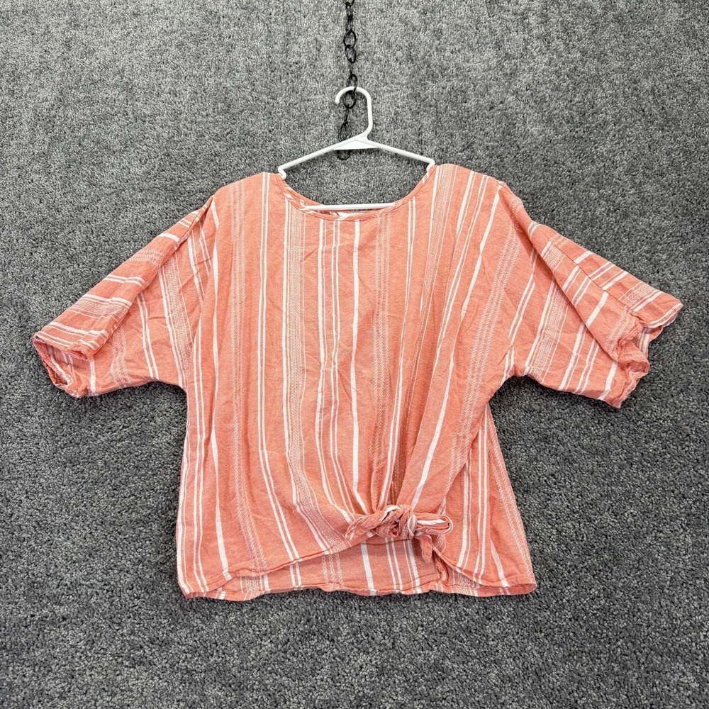 Time And Tru Top Womens M Orange Stripe Tie Front Short Sleeve Summer Casual